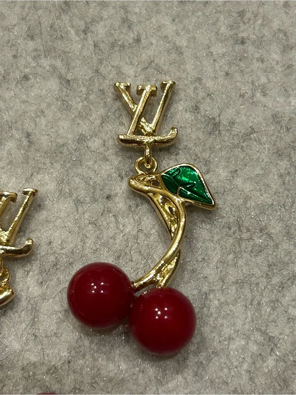 MUST HAVE…Gold-Tone Lettered Cherry Drop Earrings with Red Beads and Green Leaf - Picture 7 of 9